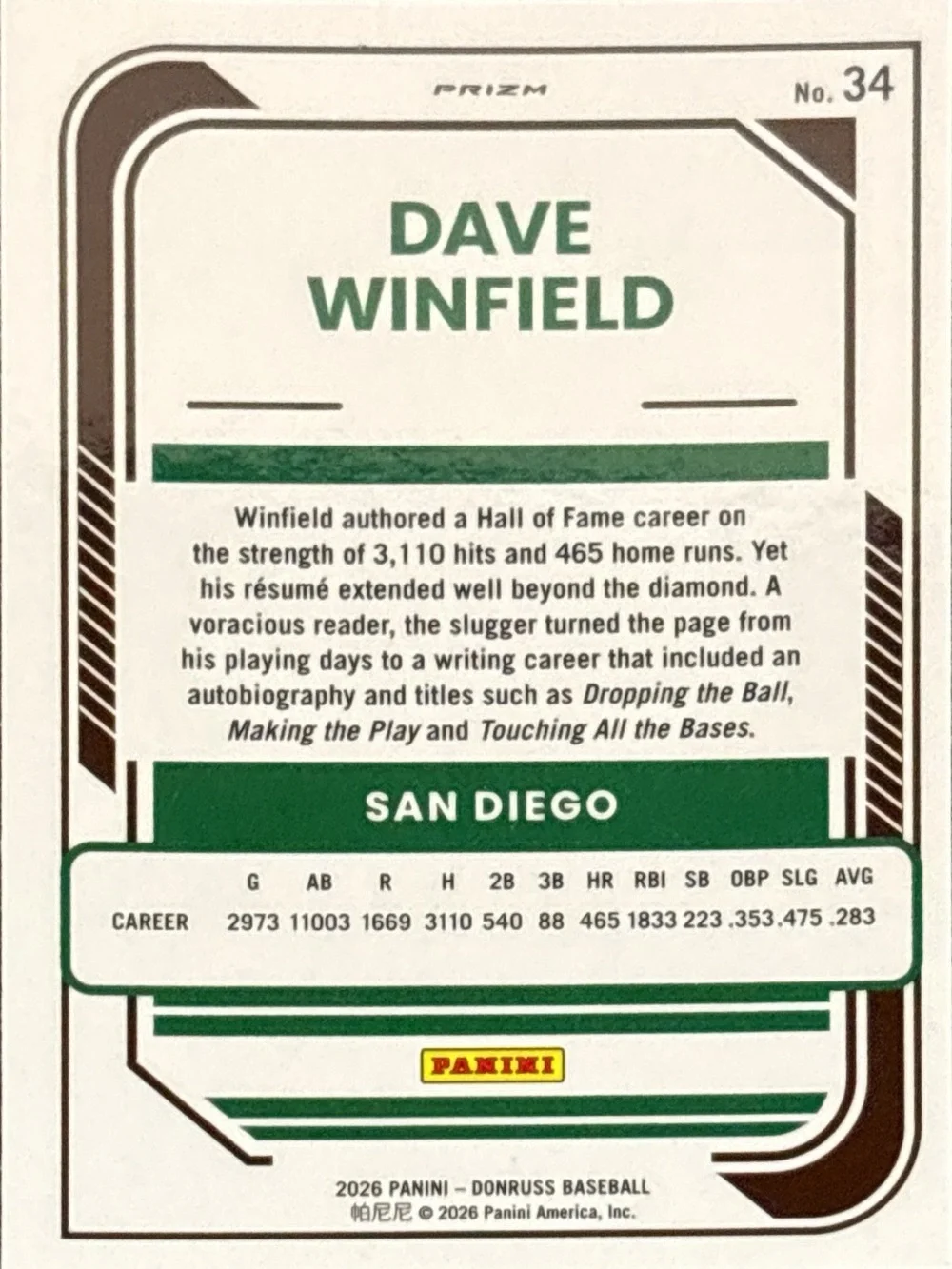 Panini Orange Prizm Dave Winfield Baseball Trading Card